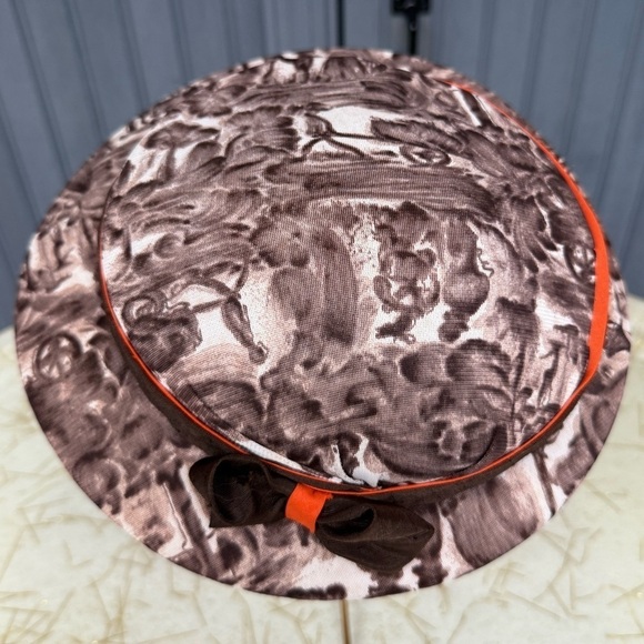 Vintage Cloche-Style Brown Printed Hat with Orange Ribbon and Bow, Medium Fit - Picture 6 of 10